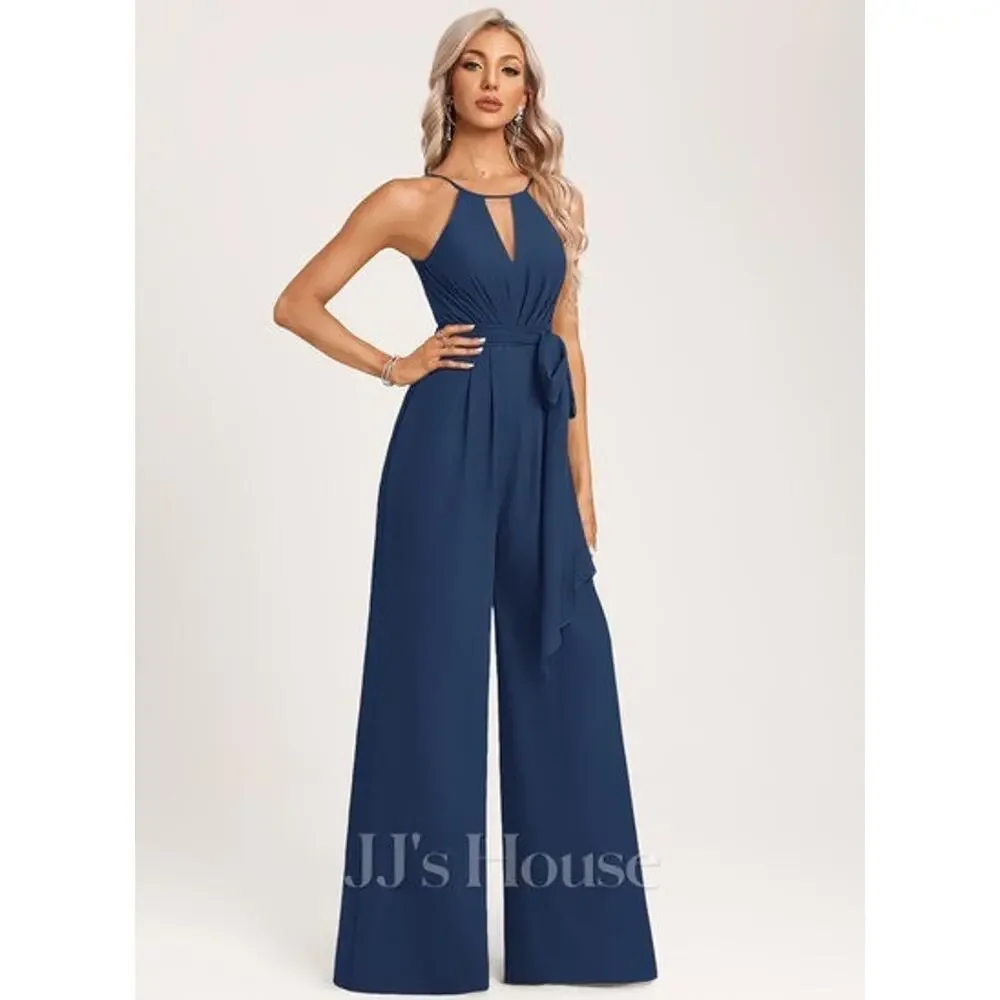 JJ's House Safara Halter Chiffon Jumpsuit Navy Blue Size 8 Built in Bra Wide Leg - Picture 1 of 9